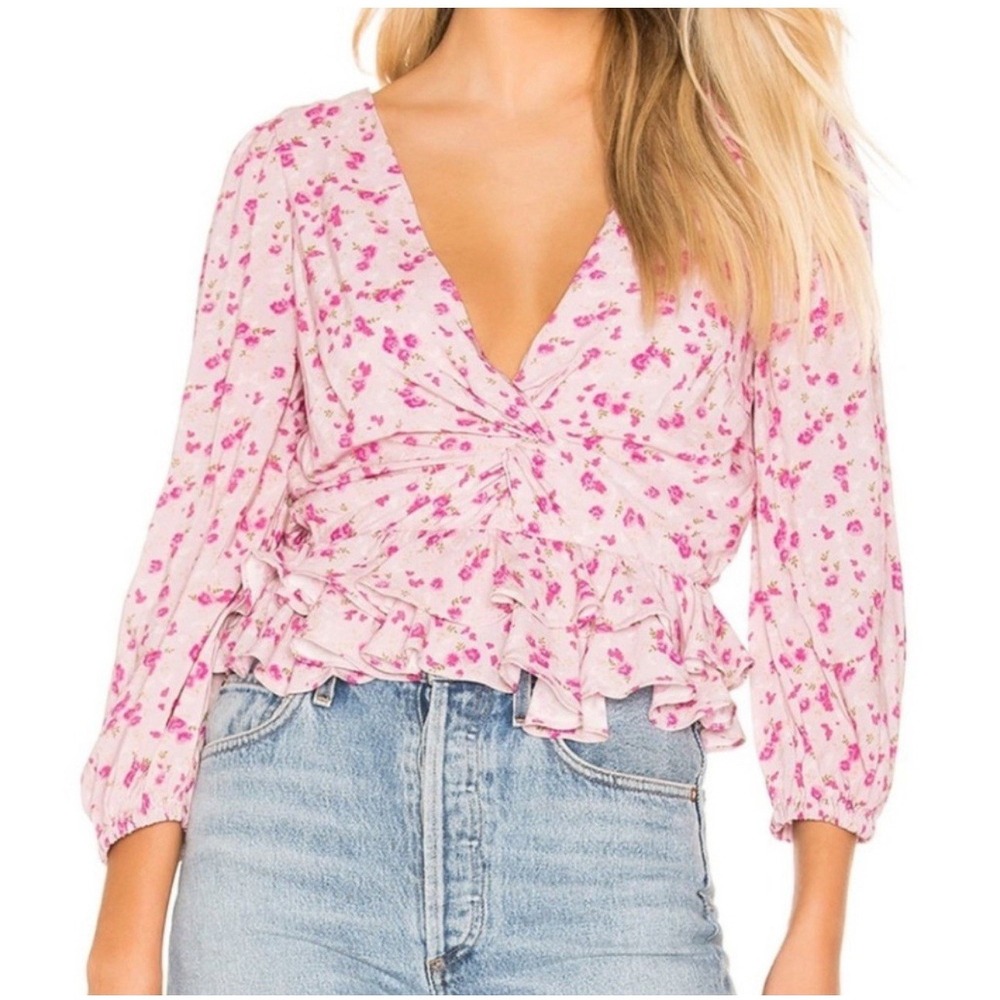 Majorelle Chrissa Mauve Pink Ditsy Floral Ruffle‎ Blouse Crop Vneck Revolve Sz M